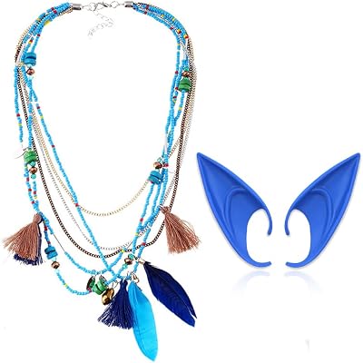 Avatar Cosplay Accessories Blue Elf Ears Feather Tassel Beads Necklace, Avatar Costume Women Halloween Dress up Masquerade