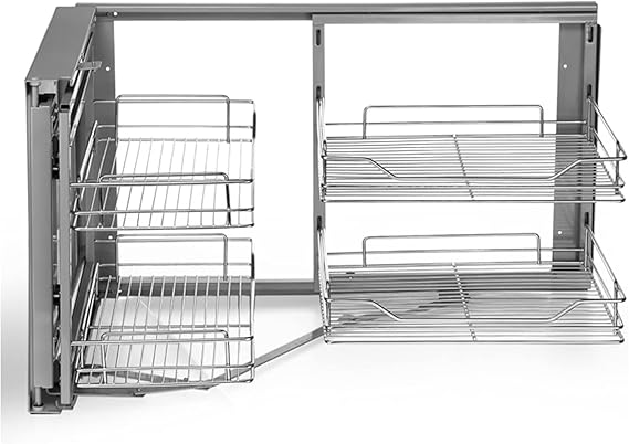 Magic Corner 15" Blind Corner Organizers, Left Pull Out, 2 Tier Stainless Steel & Silver Frame, Kitchen Cabinet Organizer