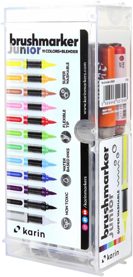 Karin Brushmarker PRO Junior 12pc Set - Safe, Super Washable Markers with 11 Vibrant Colors + Blender Brush Tip Markers for Kids and Adults - 12 Water-based Brush Markers - for Budding Artists