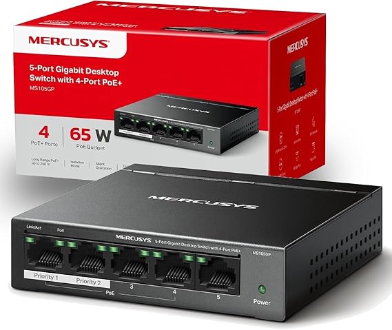Mercusys MS105GP PoE Switch 5-Port Gigabit LAN Switch with 4 PoE+ Ports (65 Watt IEEE-802.3af/at PoE Fanless Plug and Play Robust Metal Casing)