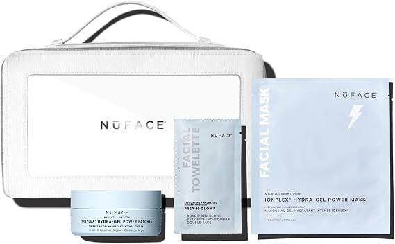 NuFACE Ultimate Glow Skincare Kit - Limited Edition Holiday Gift Set with Hydrogel Power Mask, Under Eye Patches, Prep-N-Glow Facial Wipes & Luxe Bag - Hydrating Skincare to Prep for Microcurrent, 4ct