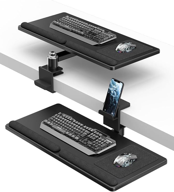 suptek Premium Adjustable Keyboard Tray Under Desk & Above Desk - Ergonomic Wood Sit Stand Computer Keyboard & Mouse Tray with 360 Rotation, 24.4"12" Keyboard Stand with Wrist Rest - Black, DSF8