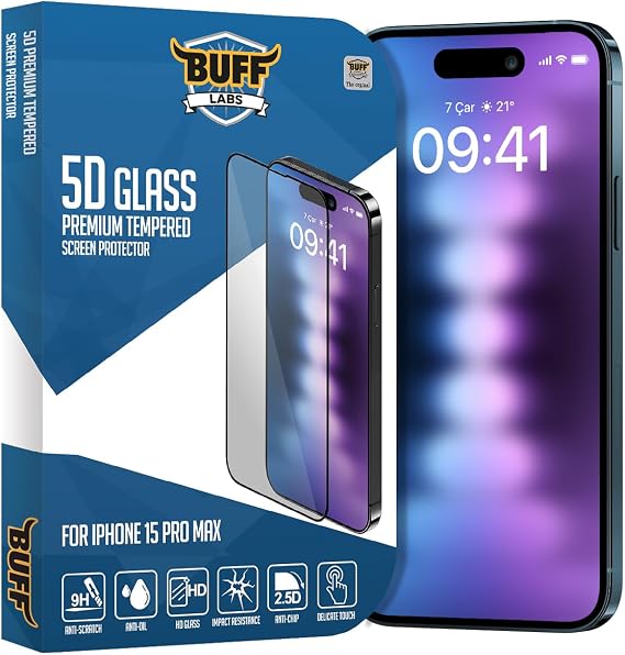 BUFF LABS Buff iPhone 15 Pro Max ile Uyumlu 5D Glass Ekran Koruyucu, Şeffaf