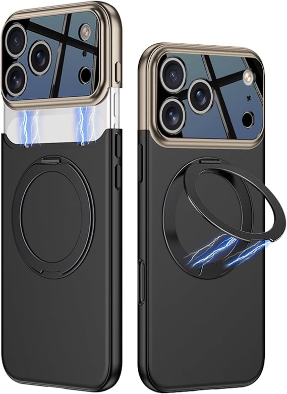 Magnetic Case for iPhone 17 Pro Max with Split Camera Protection & Rotating Kickstand [Compatible with Wireless Charging] Luxury Matte Hard PC Slim Shockproof Cover for iPhone 17 Pro Max (Gold+Black)