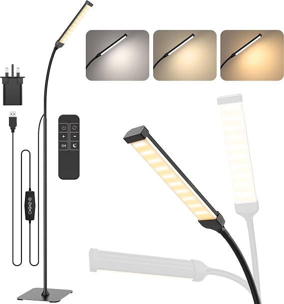 iFalarila Floor Lamp with Remote Control, 120 LED 10 W, 3 Colours & 10 Brightnesses, Flexible Arm for Living Room/Bedroom/Office [Energy Class E]