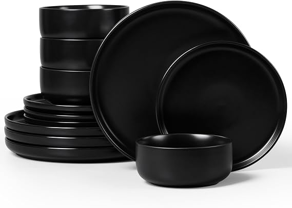 Homikit 12Pcs Dinner Set, Reactive Glaze Stoneware for 4, Matte Black