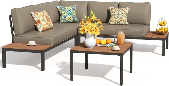 NATURAL EXPRESSIONS Patio Furniture Sets Metal Outdoor Sectional L Shape Corner Sofa Outdoor Couch with Detachable Backrest3 Fauxwood TablesBlack FrameShale Olefin Cushions for YardGarden