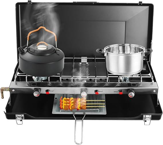 Campingkocher 3-flammig – Tragbarer Gaskocher mit Piezoelektrische Zündungskonstruktion Klappbar für Outdoor Camping Grillen &amp; Familienausflüge – Propan bei 37 mbar Butan bei 28–30 mbar