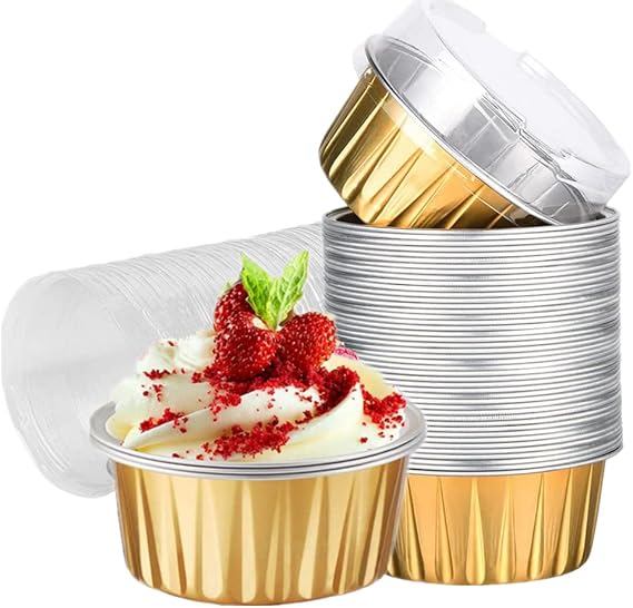 100 Pack Aluminum Foil Baking Cups with Lids 5 oz Dessert Cups Muffin Tins Disposable Mini Cake Pans Cupcake Cups Muffin Tins Liners for Wedding Birthday Individual Dessert Containers (Gold)