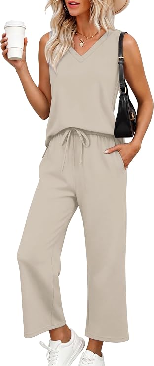 XIEERDUO Two Piece Sets for Women Summer Vacation Travel Outfits V Neck Lounge Matching Sets