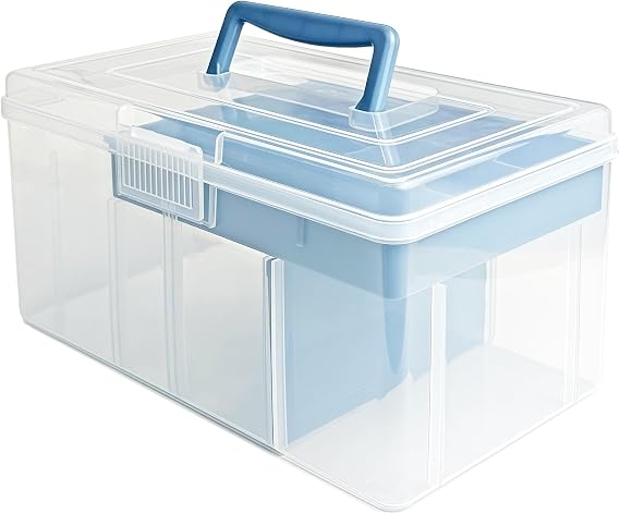 Clear Craft Storage Box with Lid 29x16x14.5cm Plastic Organiser Box, Blue