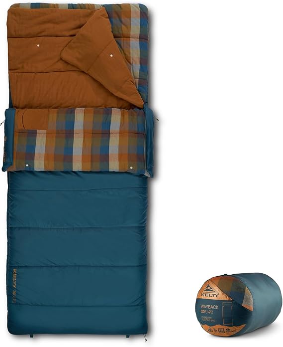 Kelty Wayback 20F Degree Flannel Lined Rectangular Sleeping Bag | Built In Blanket, Oversized Shape, Dual Locking EZ Slide Zips, Organic Cotton Interior, Soft Nylon Exterior Fabric, PFC-Free
