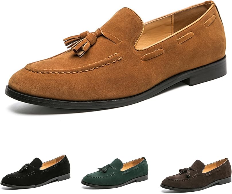 Men's Suede Tassel Dress Penny Loafers Classic Slip-On Low Block Heel Office Business Formal Shoes Daily Driving Flat Casual Shoes Large Size 6-14