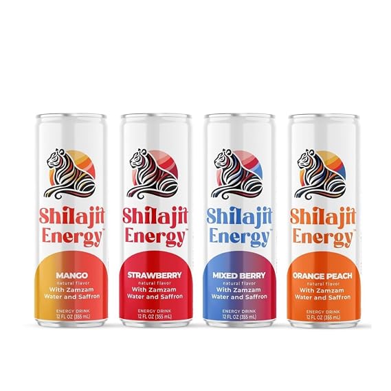 "Shilajit Energy Drink Variety Pack Mango, Orange Peach, Strawberry, and Mixed Berry 12-Pack