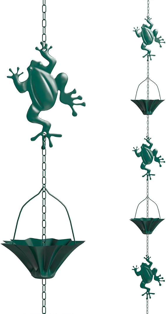 Rain Chains for Gutters Downspouts Outside-Decorative Rain Chain Metal Cups,Adjustable Hanging Rain Hutter Chain,Replacement for Downspout,Vintage Copper Rain Catcher frog-3m(10ft)