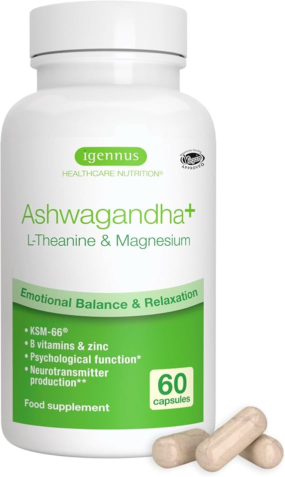 Igennus High Strength Ashwagandha KSM-66, Magnesium & L-Theanine Complex | Stress, Calm and Replenishment Complex, Clean Label, 60 Fast Acting Capsules