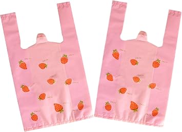 YYaaloa Strawberry Plastic Bags 50 Count, Grocery, Restaurant Convenience Store with Handles - Pink Strawberry Print, 7.8x13.8inch