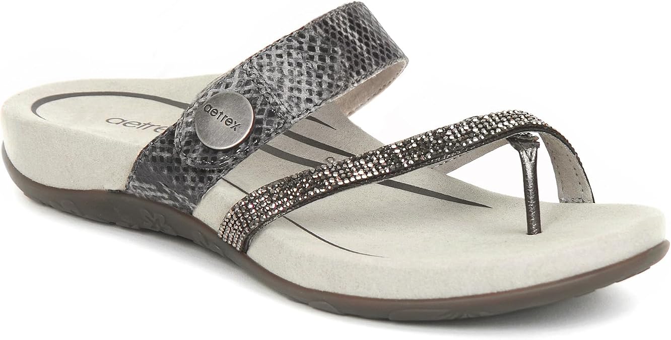 Aetrex Izzy Memory Foam Footbed Faux Leather Adjustable Slide Orthopedic Sandals for Women - Pressure Relief Pain Arch Support Sandals Women's