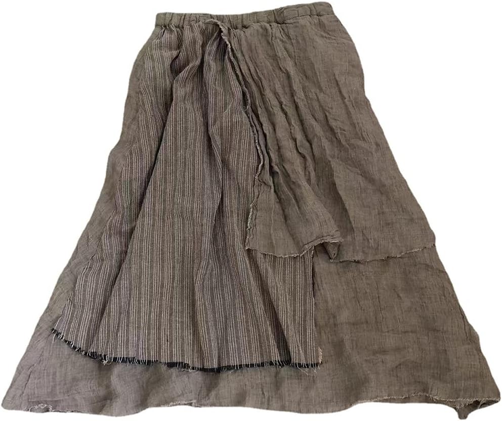 NFYM Women Fall Winter Linen Layered Skirt Pleated Patchwork Elastic Waist Irregular A-line Vintage Long Skirt