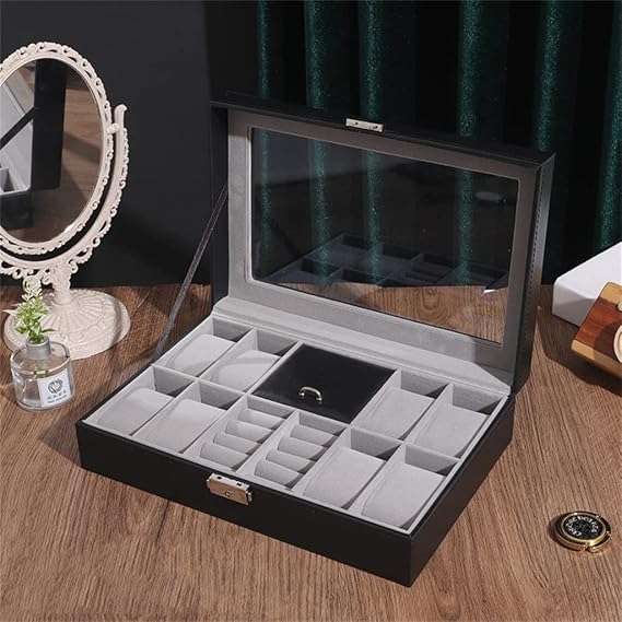 Leather 8 Grid Slots with Watches Storage Box Stud Bracelet Necklace Big Space Jewelry Organizer Display Case