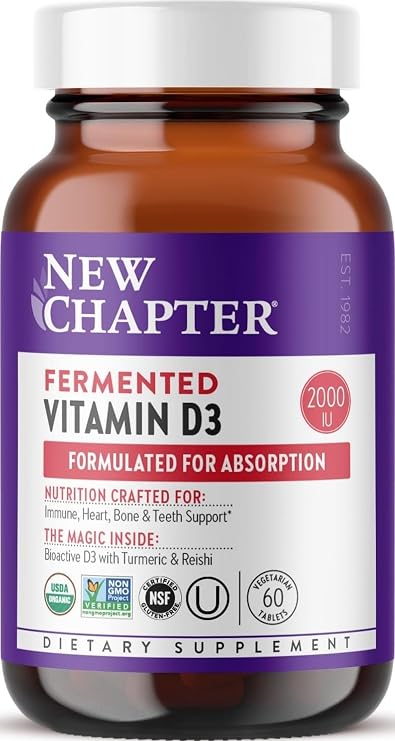 New Chapter Fermented Vitamin D3 2,000 IU, 60 Count | USDA Organic ONE Daily for Immune, Heart, and Bone Support with Whole-Food Turmeric and