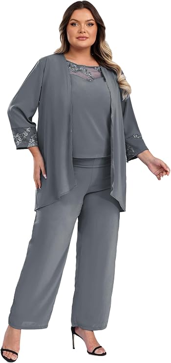 Womens Chiffon Lace Wedding Guest Outfits 3 Pieces Plus Size Mother of The Bride Trouser Suits