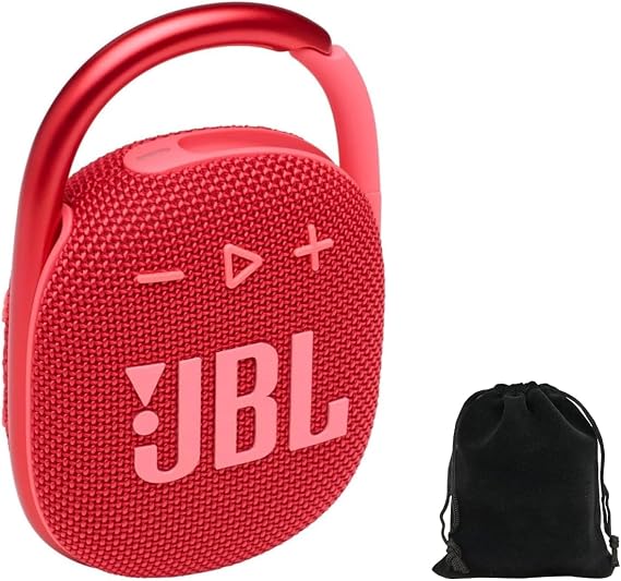 JBL Clip 4 Portable Bluetooth Speaker - Red, IP67 Waterproof, Dustproof, 10 Hours Playtime, Integrated Carabiner, Ultra-Portable Design, Bold Style, Rich Pro Sound, Includes Pouch, JBLCLIP4Red-Pouch