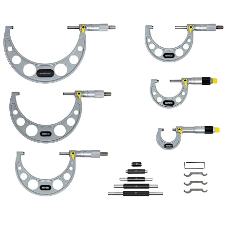 Asimeto 0-6" 0.0001 Enamel Micrometer Set 6Piece CarbideTipped Outside Micrometers with Calibration, Ratchet/Thimble Design