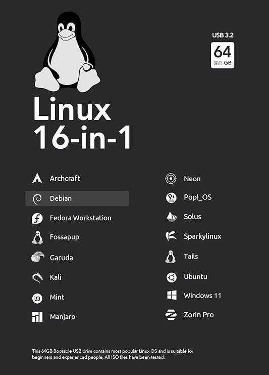64GB - 16-in-1, Bootable USB Drive 3.2 for Linux & Windows 11, Zorin | Mint | Kali | Ubuntu | Tails | Debian, Supported UEFI and Legacy