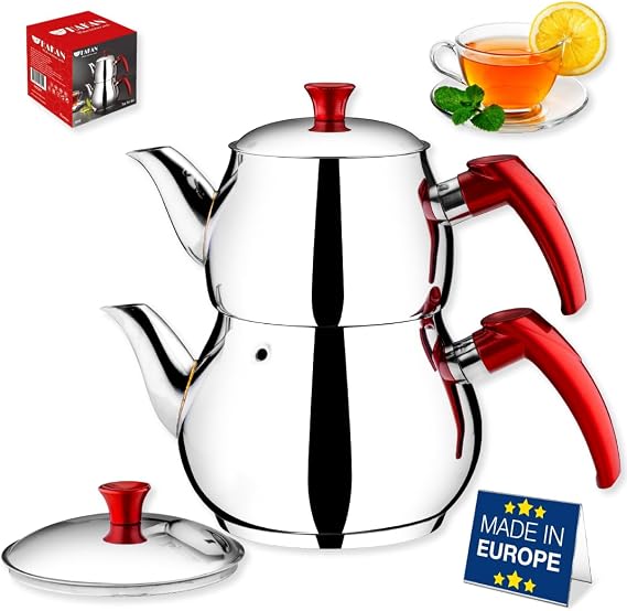 Hakan Stainless Steel 2 L, 67 Oz, Mini Double Bondy Tea Pot Set with Self Strainer Double Lids, Turkish Samovar Style Teapot Set, Tea Kettle for Loose Leaf Tea with Red Bakelite Handle 2.1-Quart