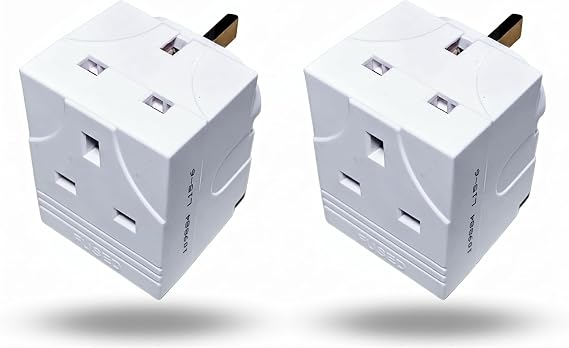 3 Way Multi Plug Adapter 13A 250V UK, Adapter plug uk, 3 Pin Outlet Splitter, Compact Power Extension Lead for Home Kitchen Travel, Multi Socket Plug, Double Adapter UK (Pack 2)