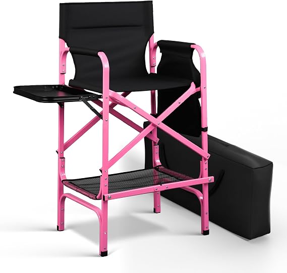 mefeir 30" Tall Director's Chair with Carry Bag & Retractable Side Table, Portable Folding Makeup Artist Chair, Aluminum Frame, 300 lbs Capacity - Pink & Black, for Salon, Outdoor