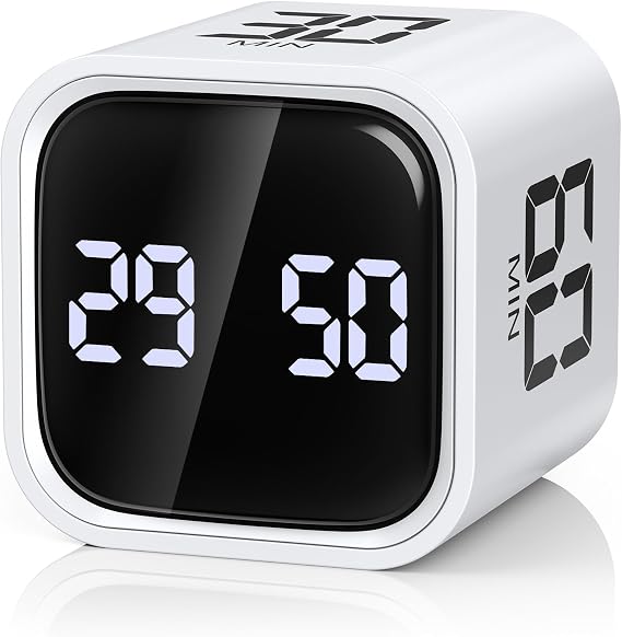 ORIA Digital Timer, Cube Pomodoro Timer with Gravity Sensor, 5/10/30/60 Min Quick Set & 100-Minute Countdown, LED Display, 3 Volume Levels for Studying, Meeting, Cooking, Time Management - White
