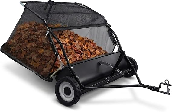 Grebest Tow Behind Lawn Sweeper for Tractors & Riding Mowers, 44" Wide, 25cu ft Large Capacity Leaf & Grass Sweeper with Adjustable Brush Height, Dump Rope, Rubber Wheels, Foldable Design