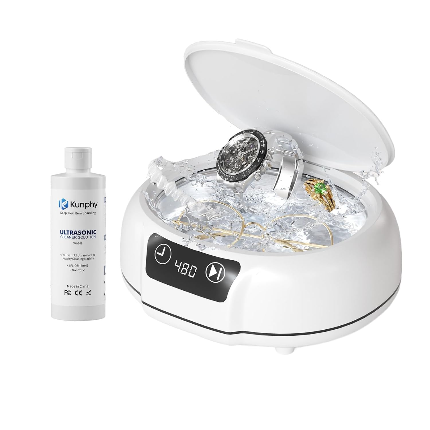 KUNPHY Jewelry Cleaner, 700ml24.5 Oz 48KHz Ultrasonic Jewelry Cleaner with 120ml Cleaner Solution, Ultrasonic Cleaner for Silver, Gold Jewelry, Glasses, Rings, Diamond