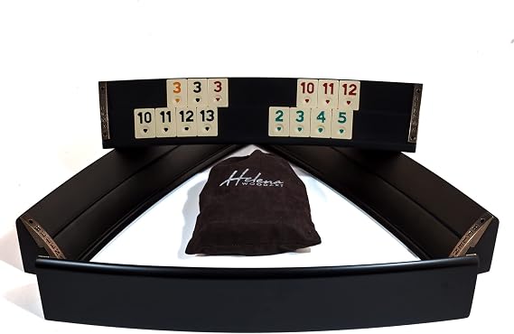 Helena Wood Art Black Curved Wooden Rummy Game Set, Handmade Okey Tile Rack Tabletop Game for Family & Friends