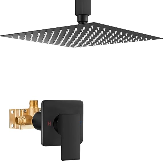 Heyalan 10-Inch Ceiling Mount Shower Faucet Set with Valve, Matte Black
