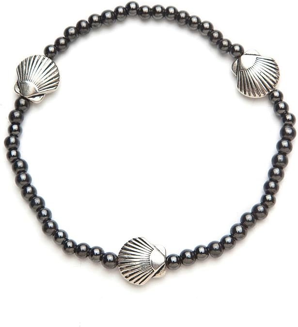 Black Magnetic Therapy Stretch Wellness Anklet with 3 Silver Seashells