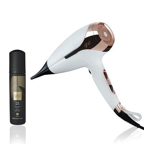 ghd Helios Essentials Duo 1875w Helios Hair Blow Dryer (White) and Body Goals - Total Volume Foam Heat Protectant for Hair (6.7 fl. oz.)