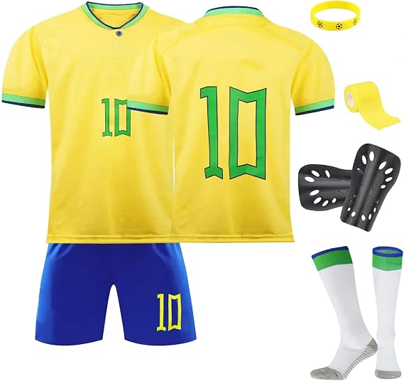 Football Kits for Kids, No. 10 Football Training Set Home Away Soccer Jerseys Boys Football Training Shirts Shorts Guard Plate Keychain Socks Bracelet Bandage Gift for Kids Boys Fans