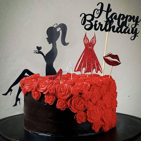 LaVenty 6 PCS Queen Birthday Cake Topper Heels Birthday Cake Topper Lady in red Cake Topper Dress Cake Topper Lip Birthday Cake Topper