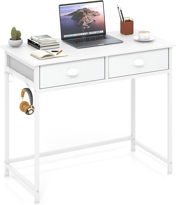 COSTWAY Computer Desk with 2 Drawers & 4 Hooks, 90 x 45 x 75cm (White)