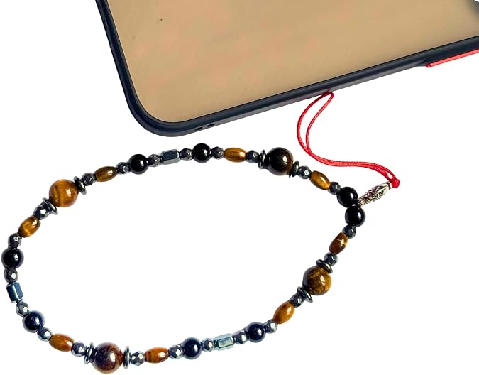 Kaplan Gözü Doğal Taş Telefon Charm, Cep Telefonu Bilek Askısı, Kahverengi, Yuvarlak, Doğal Taş, Hematit Detaylı, Kırmızı İpli, 24 cm - 14 Şubat Sevgililer Günü Hediyesi