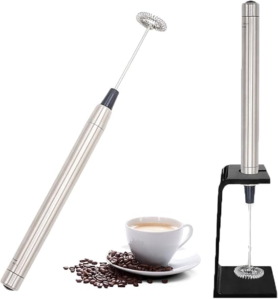 milk frother handheld Battery,Stainless steel housing frother for coffee,stirrers electric With bracket,frother for Matcha, Lattes, Cappuccino Black