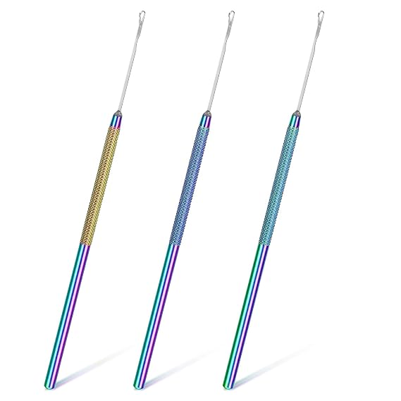 3 Pcs Stainless Steel Hair Extensions Loop Needle Pulling Hook Tool, Hair Tinsel Tool, Micro Needle Threader Wire Pulling Loop Hook Tools for Silicone MicroLink Beads Rings and Feathers Extensions