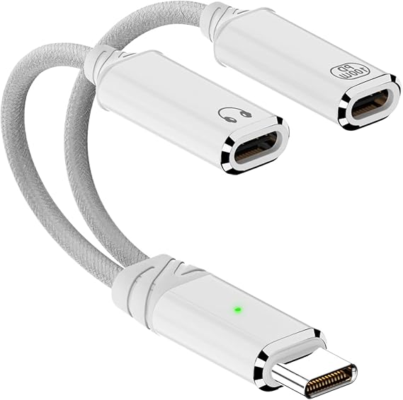 USB C Splitter 1 in 2 Out,Dual USB-C Charger and Headphone Adapter (White)