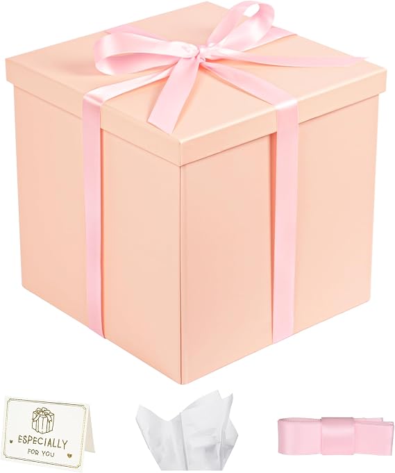Gift Box, 999inches Pink Gift Boxes with Lids for Presents, Square Birthday Gift Box with Ribbon and Card for Wedding, Baby Shower, Bridesmaid, Christmas, Anniversary