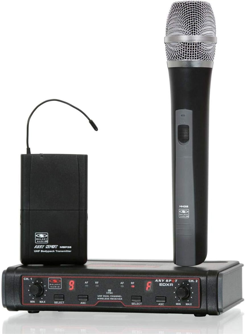 Galaxy Audio EDXRHH38N Dual Channel Wierless Microphone System includes the EDXR Receiver and 2 HH38 Handheld Transmitters Frequency CODE N 518-542 MHz Band N