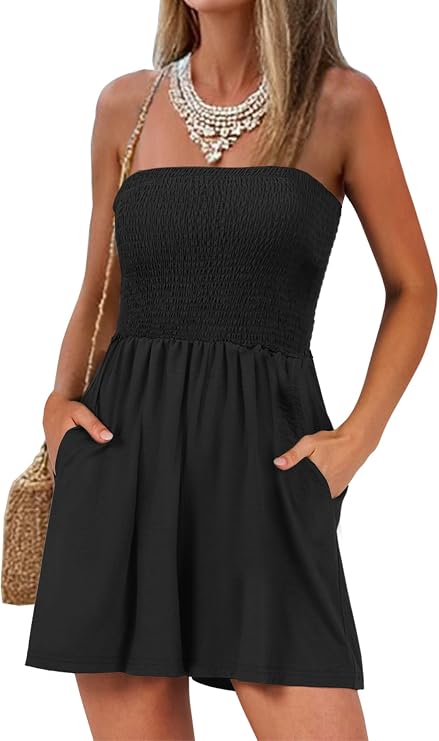 AUXDIO Women's Strapless Smocked Romper with Pockets Beach Vacation