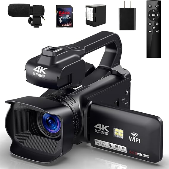 Video Camera 4K HD Newest Auto Focus Camcorder 48MP 60FPS 30X Digital Zoom Camera for YouTube LED Function 4500mAh Battery with Handheld Stabilizer, Remote Control,Microphone and 64G SD Card